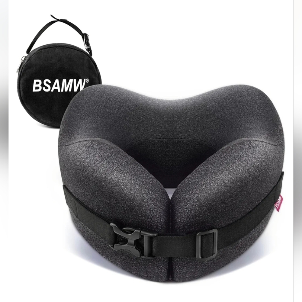 BSAMW Black Memory Foam Travel Neck Pillow with Carry Case